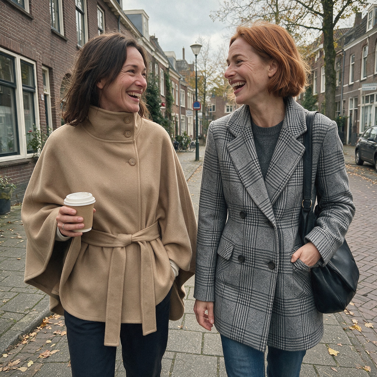 Capejas Romy en geruite jas Eva op het terras