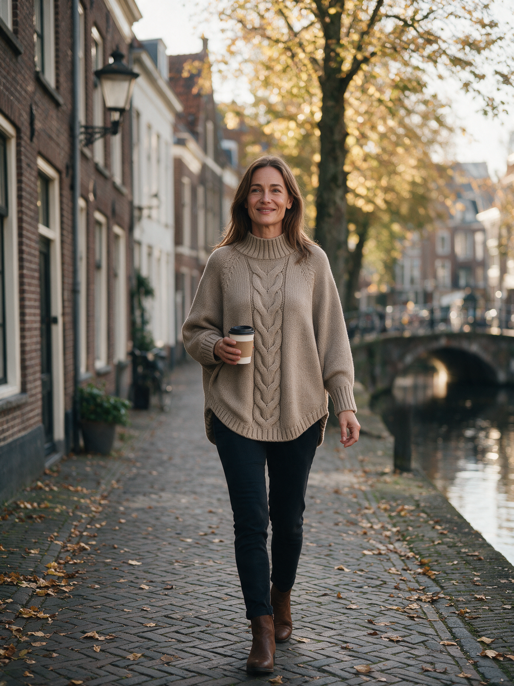 Kabeltrui Liv in khaki, buiten in Utrecht