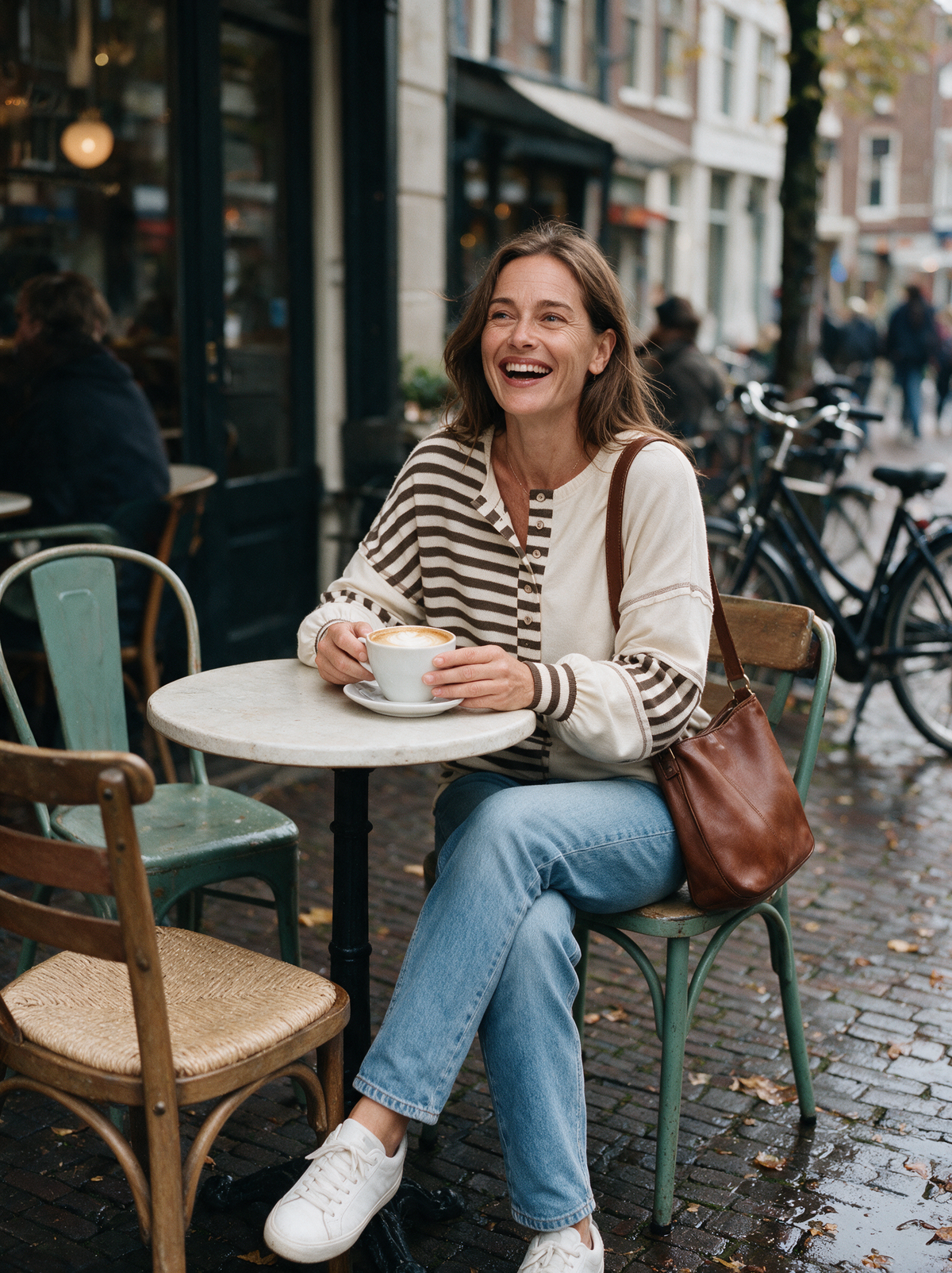 Gestreepte trui Isa in bruin, op een terras