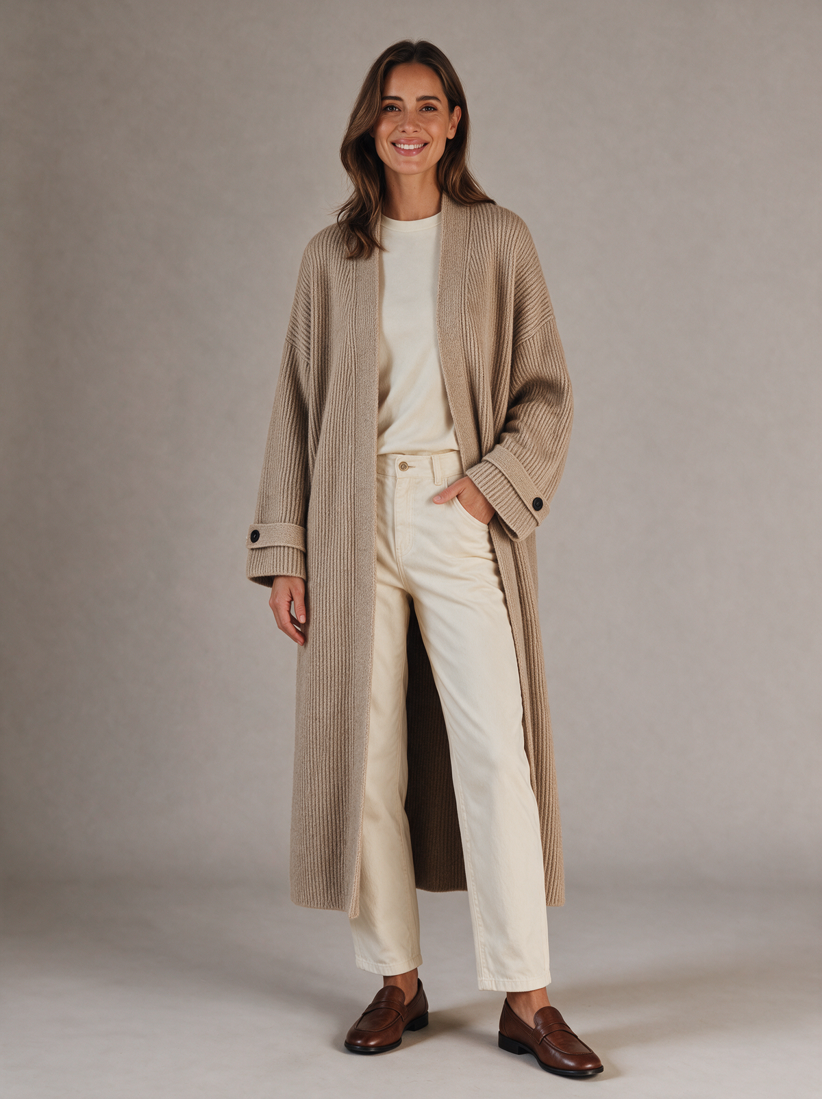 Lange gebreide jas Mila in khaki