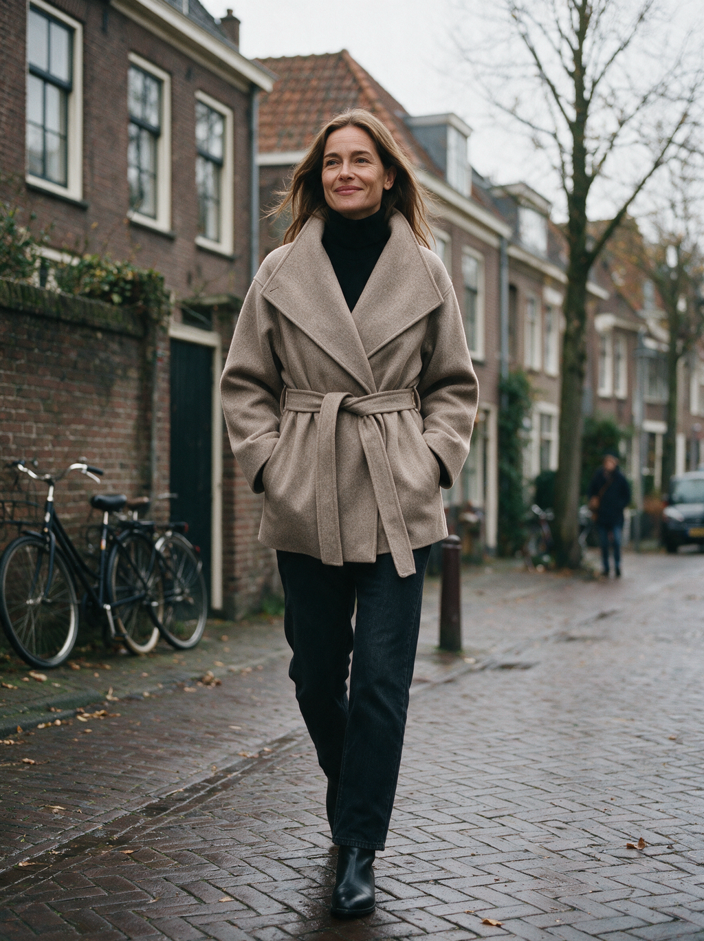 Wollen wikkeljas Lies in camel, buiten in Utrecht