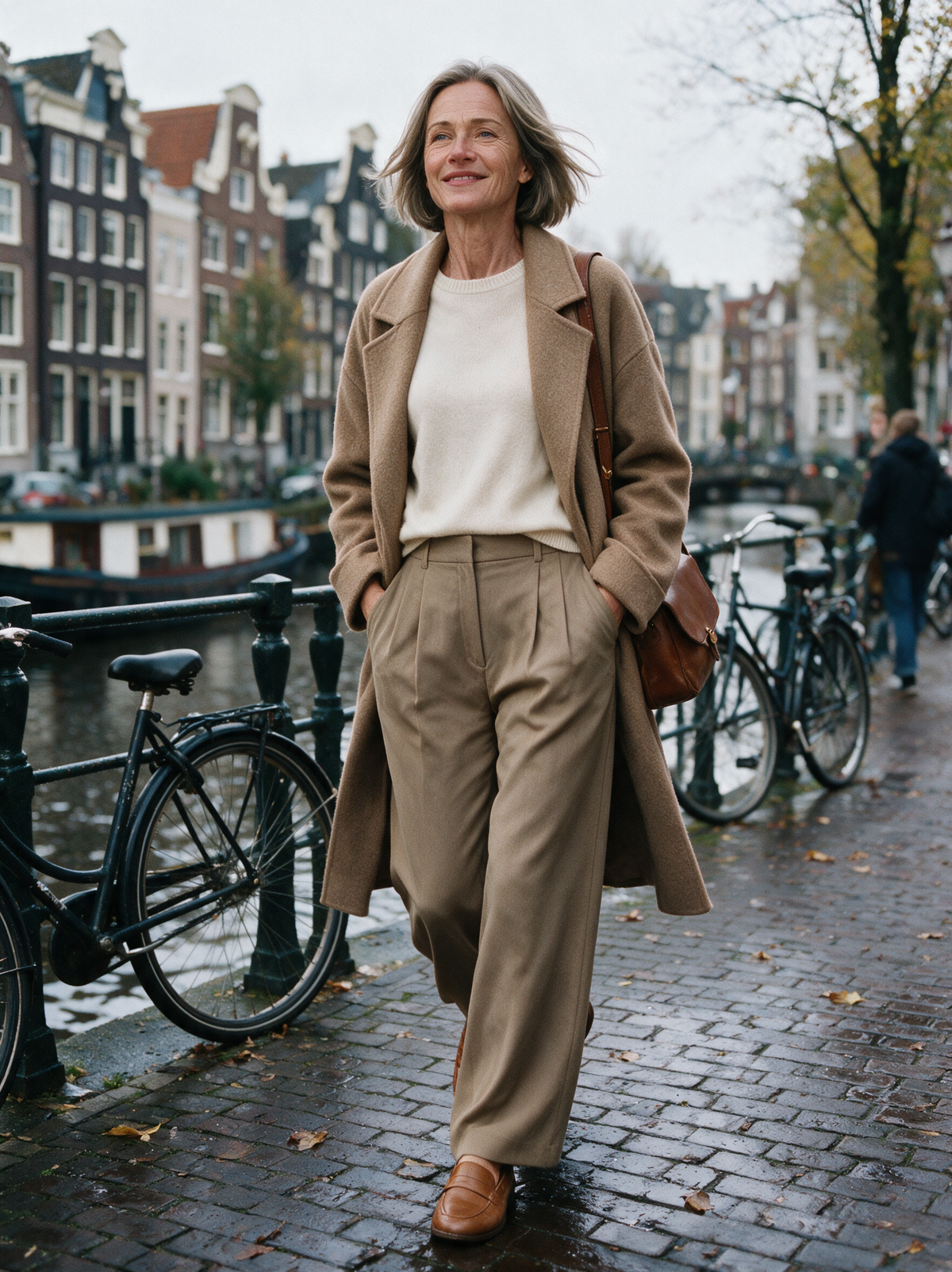 Wijde pantalon Fenna in khaki, buiten in Amsterdam