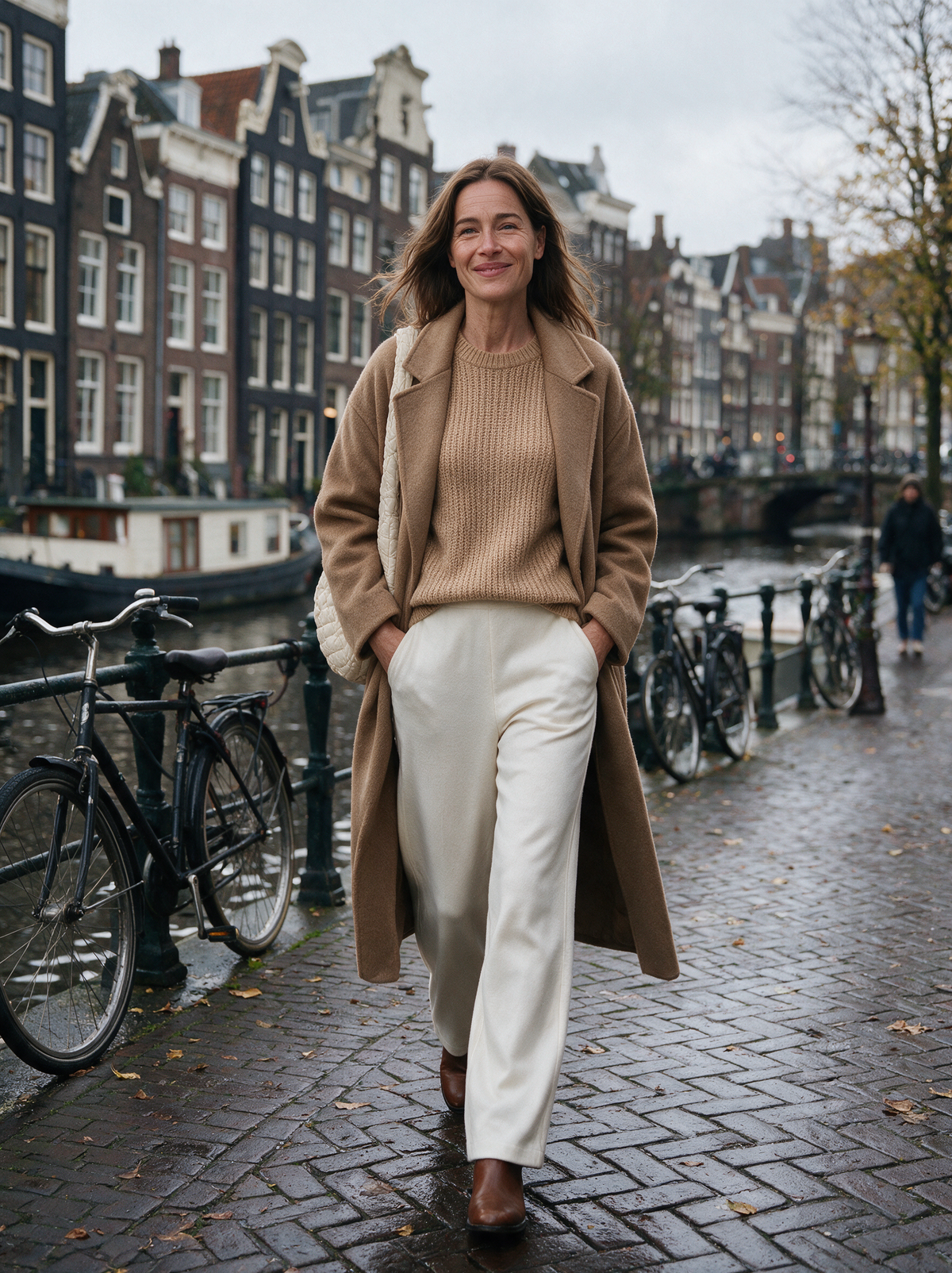 Wollen wijde broek Saar in crème, buiten in Amsterdam