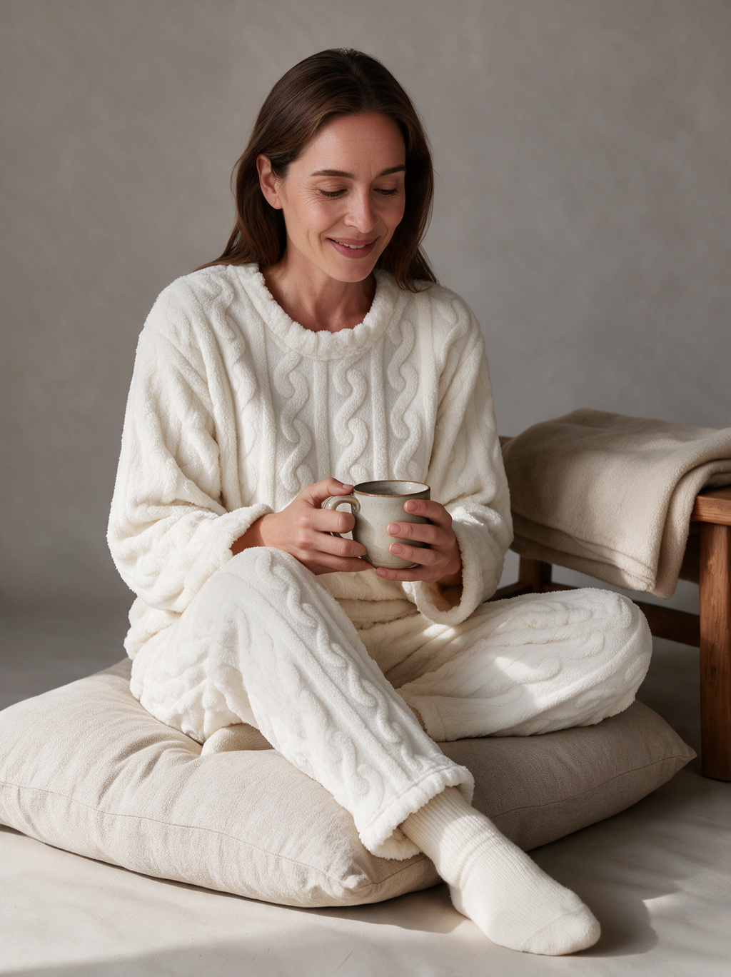 Pyjama Bo zittend met thee